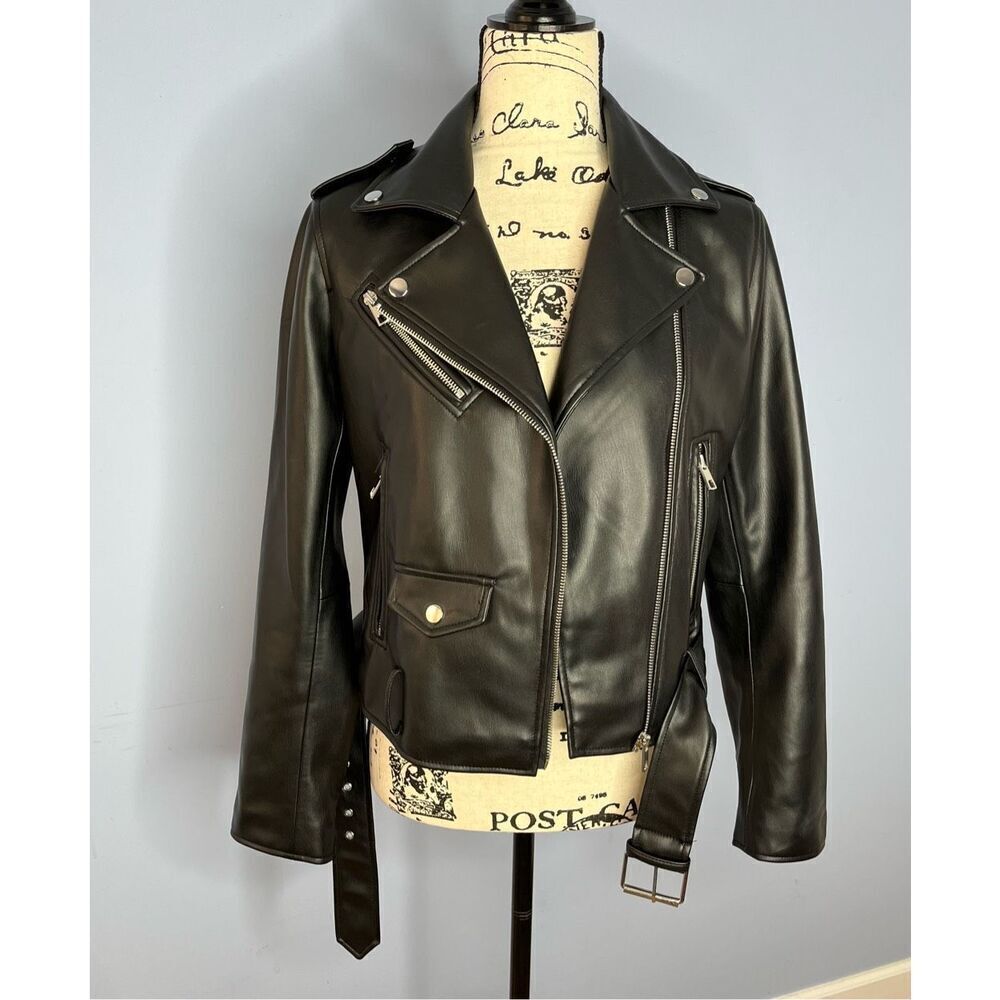 Zara US Medium Black Faux Leather Motorcycle Moto Jacket Pockets - Picture 2 of 13